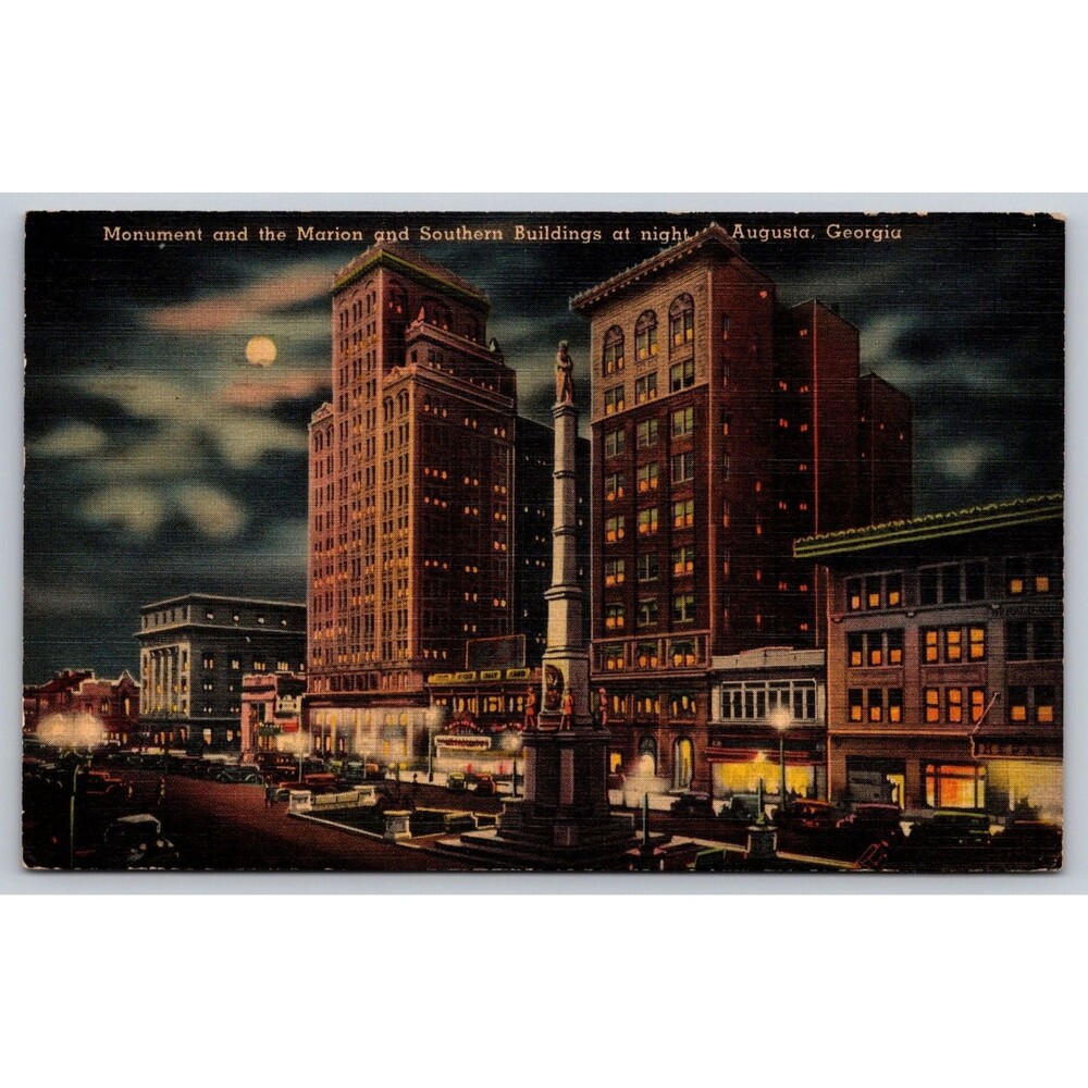 Vintage Postcard Augusta Georgia Monument  Marion Southern Buildings Moonlight